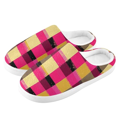 JUNZAN Buffalo Plaid Check Hot Pink Gold Women Home Cotton Slippers Breathable Memory Foam Bedroom Shoes for Spa Funny Presents 6-74