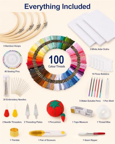 Miniatura 8 de Makeasy 205 Pcs Kit Bordado, 100 Colores De Hilo, 40 Agujas De Coser, 3 Telas Blancas Aida, 5 Aros De Bordado De Bambú, Ideal Herramientas De Punto De Cruz Para Adultos Y Niños Principiantes