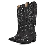 onlymakerheels Western Mid Calf Cowboy Cowgirl Boots Sparkly Rhinestone Bling Cowboy Boots for Women Black Size10