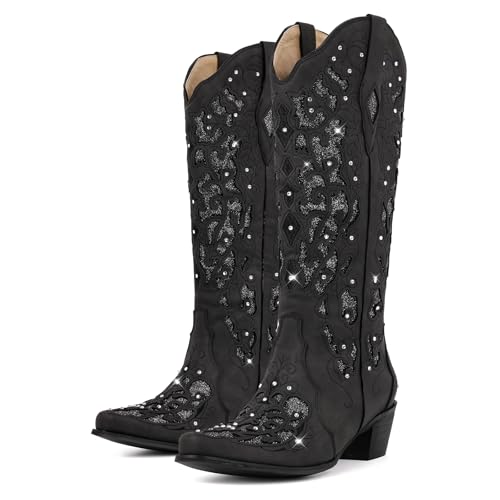 onlymakerheels Western Mid Calf Cowboy Cowgirl Boots Sparkly Rhinestone Bling Cowboy Boots for Women Black Size10