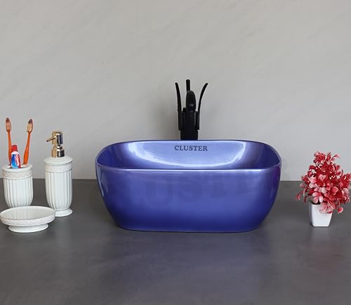 Image of CLUSTER Designer Table Top Wash Basin For Bathroom | Ceramic Bathroom Sink | Over Counter Wash Basin for Hotel, Resturent (18x13x6 Inch) (Glossy Blue)
