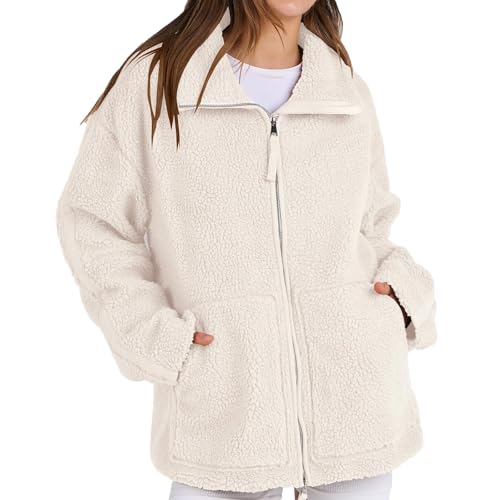 Abrigo de lana de cordero con cuello alto para mujer, de manga larga, con cremallera completa, abrigo de invierno, resistente al viento, térmico, grueso, holgado, casual, clásico, recortado, blanco, L