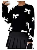 Pinclodly Bow Sweater Women Long Sleeve Crewneck Cute Sweaters Casual Vintage Sweater with Bow Winter Oversized Sweaters Black
