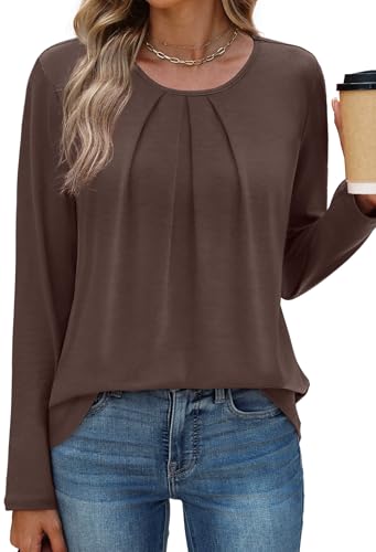 OFEEFAN Long Sleeve Shirts for Women Pleated Crewneck Womens Tops Dressy Casual Business Blouses S-3XL2