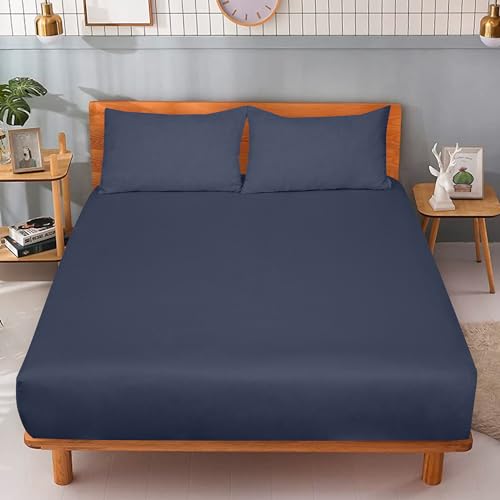 Image of ROYALE LINENS 300 Thread Count 100% Long Staple Combed Cotton Fitted Sheet Full - Super Soft Deep Pocket Bottom Sheet - Fitted Sheets Only - Elastic Sheets (Full, Navy)