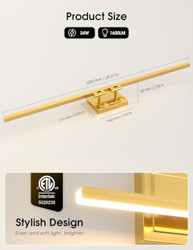 Image of VOLISUN Bathroom Vanity Light 39.4 inch, 24W Dimmable 5CCT Led Bathroom Light Fixture Over Mirror, Gold Bar Vanity Light for Bathrooms-ETL Certificated