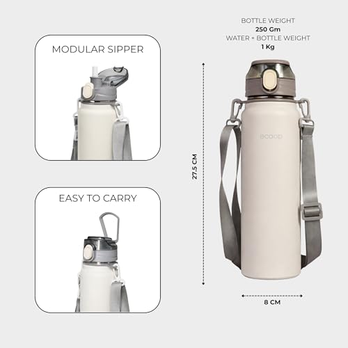 Image of ecoop 800ml Insulated Stainless Steel Water Bottle | Double Wall Vacuum | Leakproof Chug Lid | Keeps Hot & Cold 12-18 Hours | Gym Travel Office Bottle (Artic White)