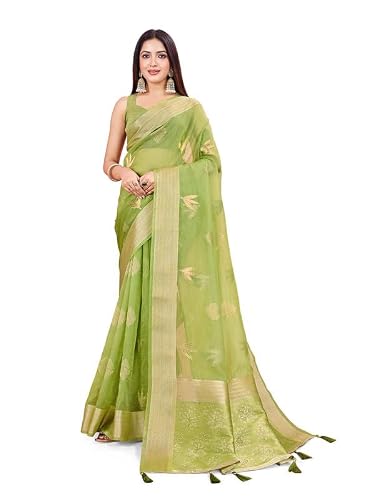 DOI MOI Green Pure Silk Woven Banarasi Saree For Women With Unstitched Blouse Piece (MAHESHWARI_1012_1002)