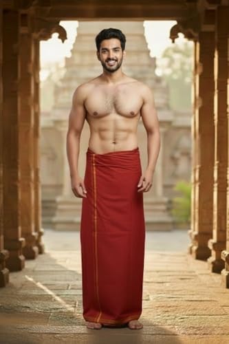 Image of Men's Cotton Dhoti & Towel set | Traditional South Indian Mundu | Soft Vesti for Men | Daily & Festive Wear | 2mtr | 33 x 66 cm Towel