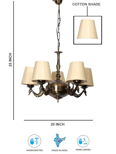 Image of Devansh 05-Light Conical Off-White Cotton Shade Chandelier - Antique Golden Finish | Adjustable Cord | Warm Glow Lamp - Ceiling Light for Living Room, Dining Area, Bedroom & Entryway Decor - D1