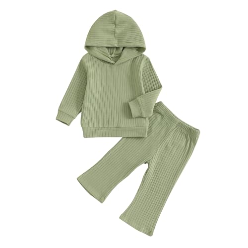 Image of Toddler Baby Girl Clothes Ribbed Long Sleeve Hooded Sweatshirts and Bell Bottoms Pants Infant Fall Winter Outfit
