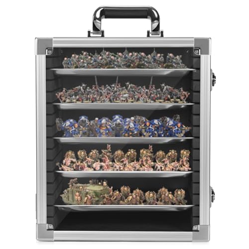 Image of ITHWIU Miniature Carrying Storage Case Aluminum Alloy Frame Transport Case, Miniatures Display Holder with 5 Magnetic Metal Tray, Black（Medium Size）