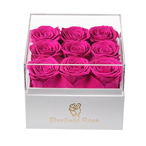Eterfield Preserved Roses Preserved Flowers for Delivery Prime 9-Piece Hot Pink Roses That Last a Year Flower Gifts for Women Valentines Flowers for Girlfriend Gifts for Mother (Square White Box)