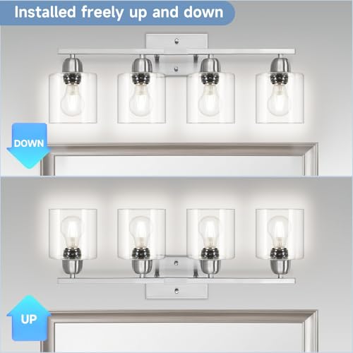 Image of Modern Brushed Nickel 4 Light Bathroom Light Fixtures, 24 inch Vanity Lights for Bathroom with Clear Glass, Bathroom Vanity Light for Mirror Kitchen Living Room Hallway Cabinet Porch