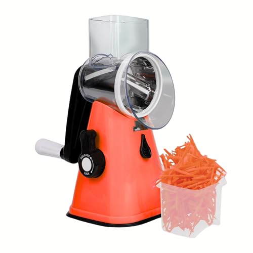 EURI | Cortador de Verduras Manual 3 en 1 Rojo | Cortador de Cocina con Manivela, Base Antideslizante en Superficie totalmente lisa NO Porosa| Cuchillas Intercambiables | Cortador, Rallador y Picadora