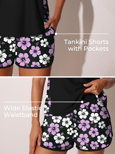 Image of Summer Mae Blouson Tankini Swimsuits for Women 2025 Tummy Control Two Piece Bathing Suits with Sporty Pockets Swim Shorts Purple Hibiscus Size 12