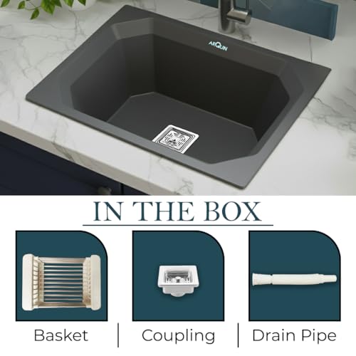 Image of ARQUIN Quartz Kitchen Sink 24x18x9 Inch Grey Diamond | Single Bowl Sink | Durable & Scratch-Resistant | Undermount /Topmount Including Coupling, Waste Pipe & Fruit Washing Basket