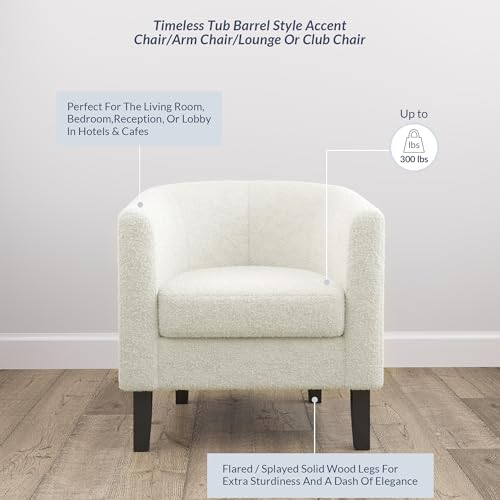 Image of BELLEZE Accent Barrel Chair Set of 2, Linen Round Chair Club Tub Sofa Corner Chair with Flared Legs and Cozy Soft Padding for Living Room Bedroom Waiting Room - Teddy White