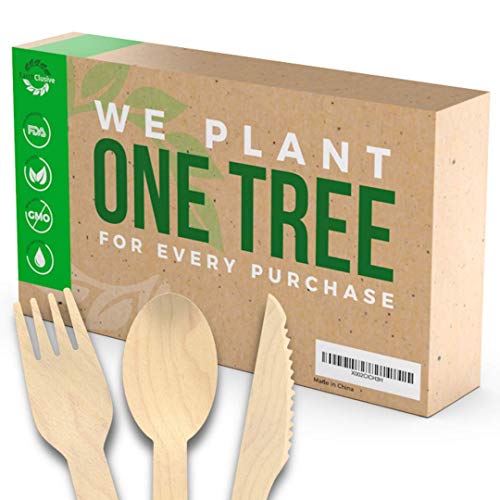 EarthClusive 100 Compostable Wooden Cutlery Set - 300 Pieces 150 Forks  100 Spoons  50 Knives Disposable Utensils for Party Camping More - Biodegradable Packaged Silverware Flatware Sets