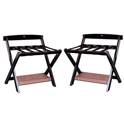 Paquete de 2 portaequipajes de madera maciza para hotel, soporte plegable para habitación de invitados con estante para zapatos, soporte de equipaje de doble piso para dormitorio
