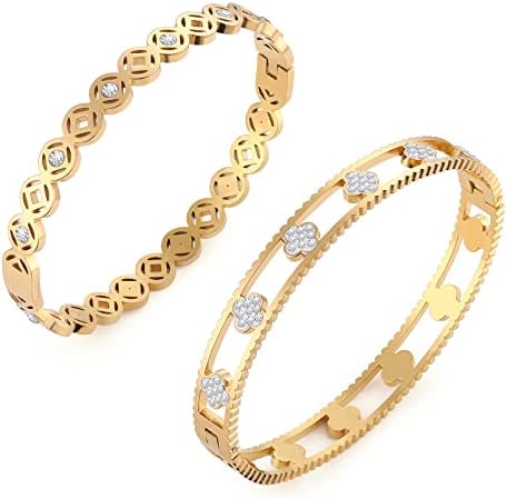 RIXIGOOD Gold Bangle Bracelets for Women Girls, Cute Clover Jewelry Set with Cubic Zirconia Crystal Stainless Steel Unique Love Gifts for Friends Mom Daughter