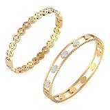 RIXIGOOD Gold Bangle Bracelets for Women Girls, Cute Clover Jewelry Set with Cubic Zirconia Crystal