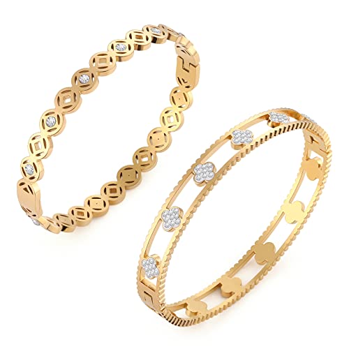 Rixigood Gold Bangle Bracelets For Women Girls, Cute Clover Jewelry Set With Cubic Zirconia Crystal Stainless Steel Unique Love Gifts For Friends Mom Daughter #TOP3