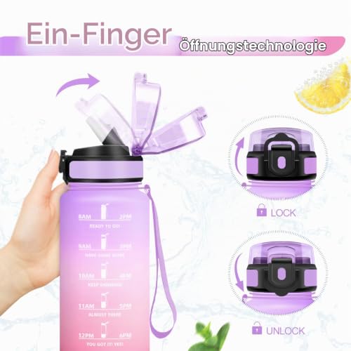 KollyKolla Trinkflasche 500ml, Sportflasche, Auslaufsicher, Trinkflasche mit Strohhalm, Wasserflasche mit Zeitmarkierung für Fitness… – Ansicht 3