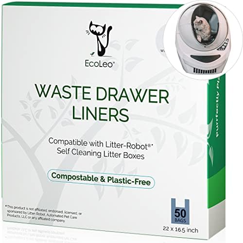 EcoLeo Liners, Litter-Robot 3 Compatible, Compostable New & Improved, Plastic-Free bags with Handles, Thick, for Automatic Litter Box Waste Drawers (50-Count)