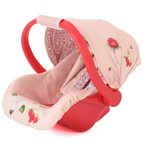 Siège Auto pour poupée Roms RHS Flora, Rouge Framboise et crème, Convient aux poupées jusqu'à 45 cm, rembourré avec imprimé Floral, Capote rétractable,...
