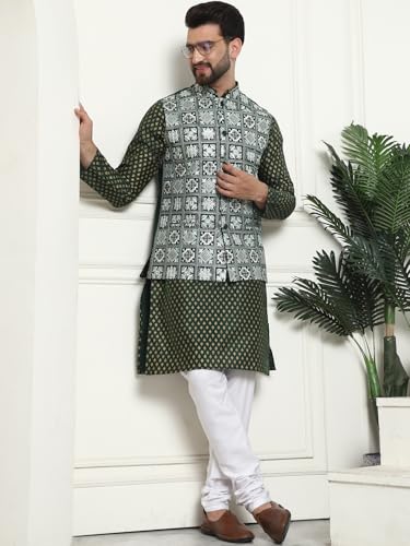 Image of SOJANYA (Since 1958 Men's Silk Blend Printed Kurta and White Pyjama with Embroidered Nehru Jacket