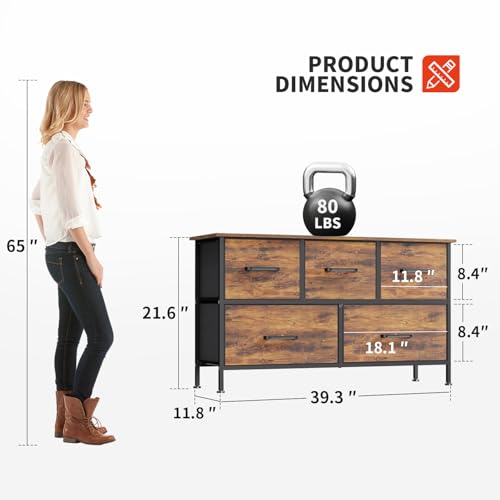 PayLessHere Fabric Dresser,Wide Chest of Drawers Storage Unit with Metal Frame and Wood Top,Organizer for Bedroom,Living Room,Entryway (5-Drawer, Brown)