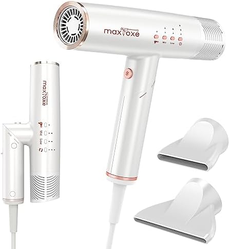 High Speed Hair Dryer, Maxfoxe Travel Blow Dryer Foldable Ionic Small Professional Brushless Motor 9 Modes Portable One Touch Switch with Concentrator Nozzle Attachment for Home, Hostel, Salon