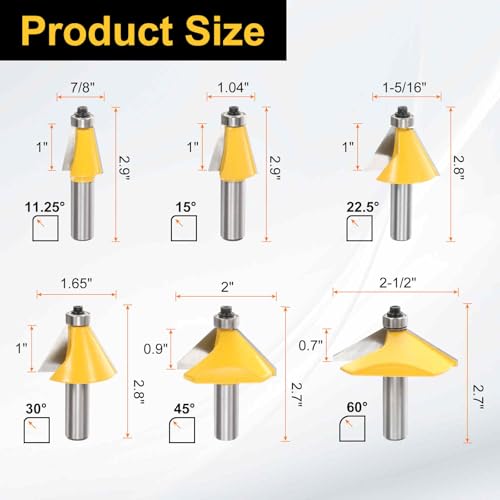 Image of HARFINGTON 6pcs Chamfer Router Bit Set 1 /2 inch Shank 11.25, 15, 22.5, 30, 45, 60 Degree Cutting Angle Carbide Wood Router Bits for Woodworking, Yellow