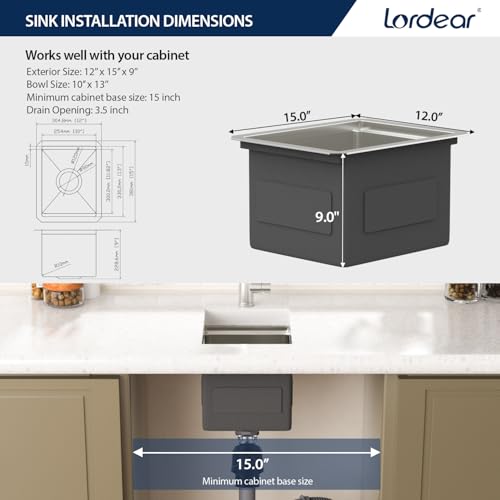 Undermount Bar Sink - Lordear 12 Inch Undermount Bar Sink Workstation 16 Gauge T304 12 x 15 Stainless Steel Wet Bar Prep Sinks by Lordear - Used condition - Image 8