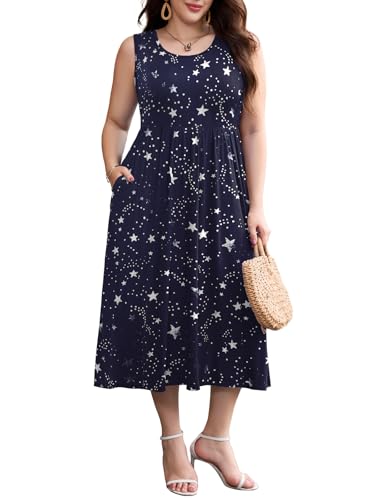 Image of LARACE Women's Plus Size Sleeveless Maxi Dress Casual Crew Neck Pleated Flowy Long Dresses with Pockets L-6XL