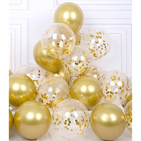 AULE Party Balloons Pack of 42 - Metallic Gold Balloons & Gold Confetti Balloons and 64ft Ribbons - 12 Inch Balloons Decorations Set Cover