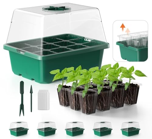 POROLIR Seed Starter Tray, 5PCS Seed Starter Kit, Seedling Starter Trays with Heightened Lids for Seed Staring, Indoor Gardening Plant Germination Trays (12 Cells per Tray) Green