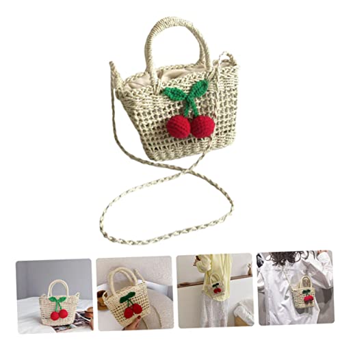 NOLITOY Handmade Portable Storage Bag for Boy Girl Straw Design Crossbody Handbag with Cherry Accents for Girls and Women for Beach and Casual Outings3