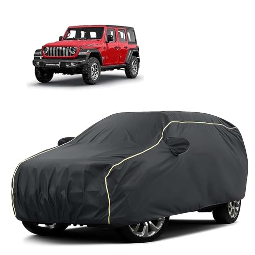 Image of Sulfar 100% Water Resistant Car Body Cover Compatible with Mirror for Jeep Wrangler (Triple Stitched, Full Bottom Elastic, Dark Grey Tafetta with Yellow Piping)