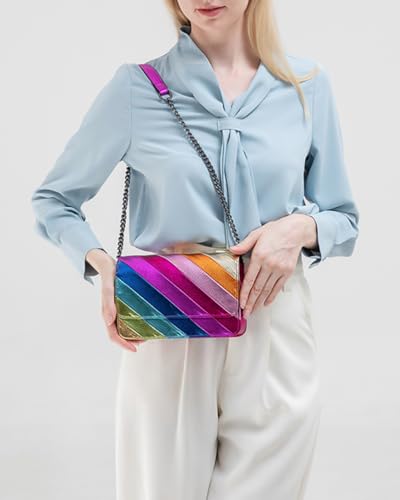 Image of Rejolly Rainbow Stripe Crossbody Shoulder Bag for Women Color Blocking PU Leather Colourful Purse with Chain Strap | PU Leather, with Chain Strap