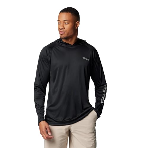 Columbia Mens PFG Terminal Tackle Long Sleeve Fishing Hoodie, Black/Cool Grey Logo, Large