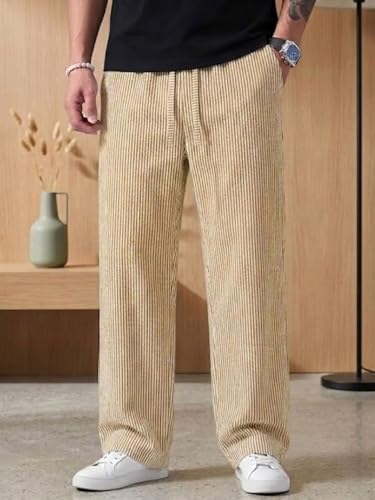 Image of Men's Casual Striped Trouser | Relaxed Fit Drawstring Pants for Men | Elastic Waist Straight Fit Lounge Trousers | Lightweight Summer Cotton Bottoms | Comfortable Daily, Beach, Travel Pants