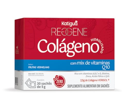 Katiguá, Colágeno Hidrolisado 2,5 g, Solúvel Verisol, Com vitamina A, B, C e D, Biotina, Zinco, Ácido Fólico e Q10, Sabor frutas vermelhas, Zero açúcar, 30 Sachês, 5g