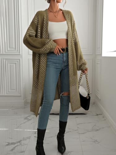 Image of chouyatou Women's Color Block Striped Fuzzy Long Cardigan Sweaters Open Front Diagonal Stripe Knit Cardigan Jacket Coat