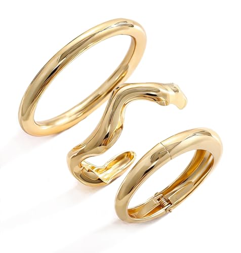Image of Chunky Gold Bangle Bracelets for Women, Dainty 14k Gold Plated Big Stackable Bangles Set, Trendy Statement Cuff Bracelet Stack Fashion Jewelry Gifts
