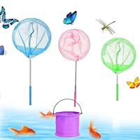 Kescher Kinder, 3 Stück Teleskop Schmetterlingsnetz with Faltbarer Eimer, Ausziehbares Fischernetz Kinder für Strand Garten Pool Outdoor Gartenaktivitäten