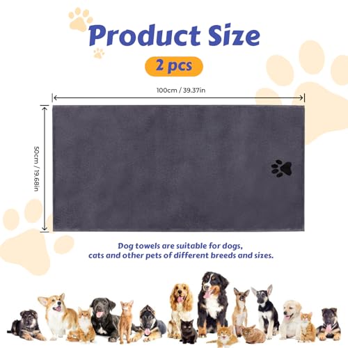 YAMAIDUO 2 Unidades Toalla para Perros 100 x 50 CM, Toalla Perro Secado Rapido Microfibra Extra Absorbente y Suave, Toallas Perro para Gatos, Perros u Otras Mascotas, Gris - imagen 2