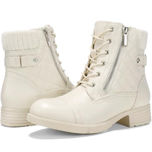 STQ Combat Boots Womens Lace-up Ankle Boots Warm Slip On Booties with Zipper Creamy Beige White US 9