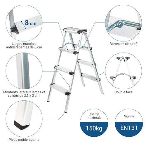 HOMILIX4 Trittleiter, 4 Stufen, klein, faltbar, Aluminium, kompaktes und robustes Design, H max Arbeit 2,59 m, 5 Jahre Garantie, Hostrom